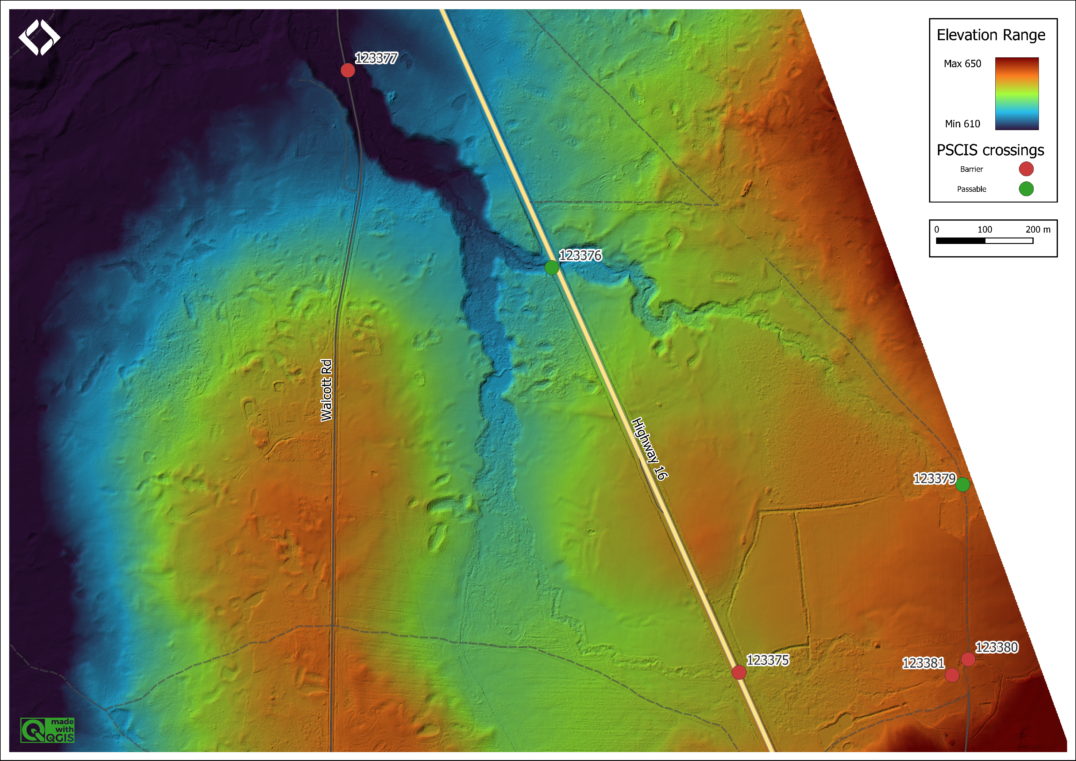 Digital elevation model of Thompson Creek upstream of Walcott Road and Highway 16. Note that the majority of discharge for the system flows under Highway 16 at an open bottom structure (PSCIS 123376) located approximatley 925m to the north of where the main channel is incorrectly mapped in the freshwater atlas (PSCIS 123375).  Also, note the extensive excavation of ditches draining the areas east of the highway adjacent to 123375.
