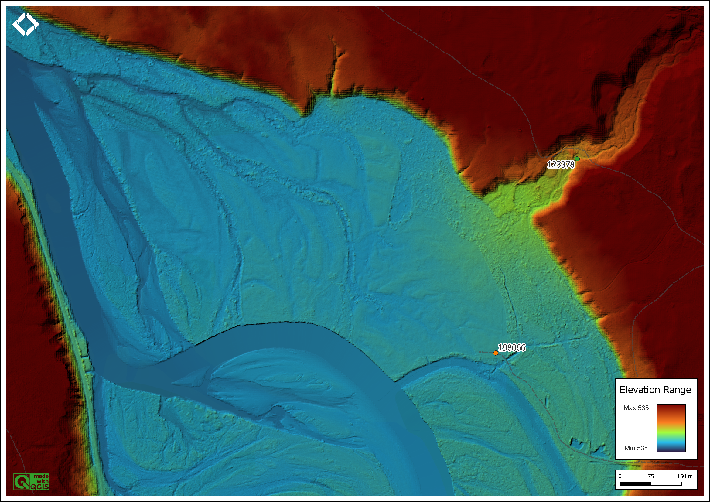Digital elevation model showing Thompson Creek and the Bulkley River floodplain.  Note the anthroprogenic trenching of areas adjacent to the hay fields just west of PSCIS 198066 and the general decending slope of the height of land from south to north and from east to west from the outlet of the Thompson Creek valley.